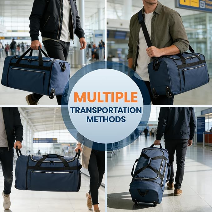 80L Foldable Rolling Duffle Bag with Wheels, 28” Large Duffle Bag for Travel, Carry On Luggage Duffel Bag for Traveling/Camping/Moving, Water Resistant, Blue