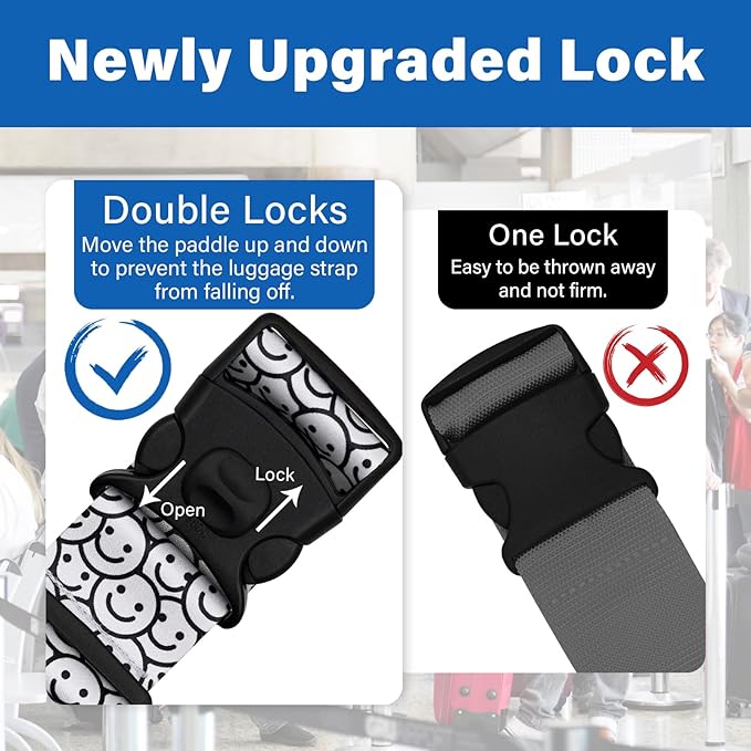 2 Pack Luggage Straps for Suitcases, Adjustable Travel Belt with Double Lock and Quick Release Buckle, Heavy Duty Nylon Bag Packing Strap, Bright Identifiers Business Travel Accessories-White Smiles