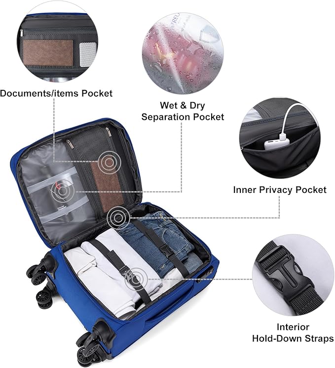 Carry On Luggage 22x14x9 Airline Approved with Wheels Softside Expandable Luggage Suitcase with TSA Lock-Blue