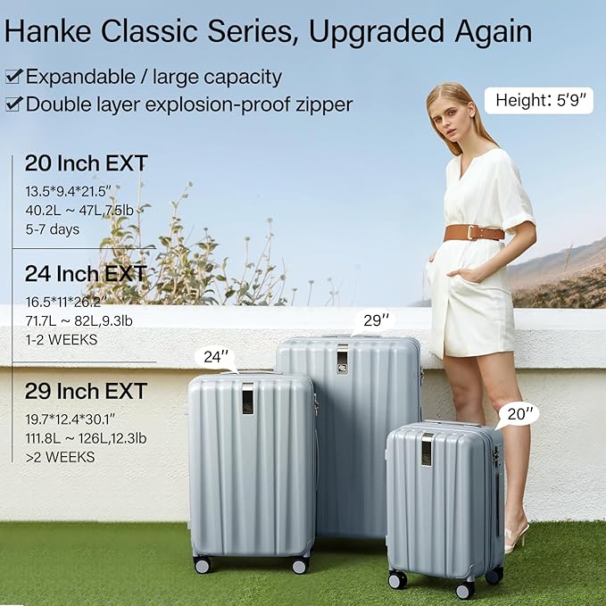 Hanke 29 Inch Expandable Checked Luggage Lightweight PC Hard Shell Luggage Suitcases with Wheels Travel Luggage Rolling Large Suitcase Travel Luggage Bag for Study Abroad.(Gray)