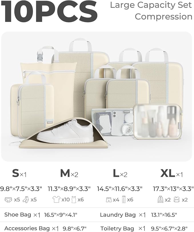 Percover Compression Packing Cubes 10-Piece Set, Packing Cubes Compression for Travel with Toiletry Bag, Laundry Bag & Shoe Bag, All-in-One Travel Organizer for Carry On & Checked Luggage, Beige