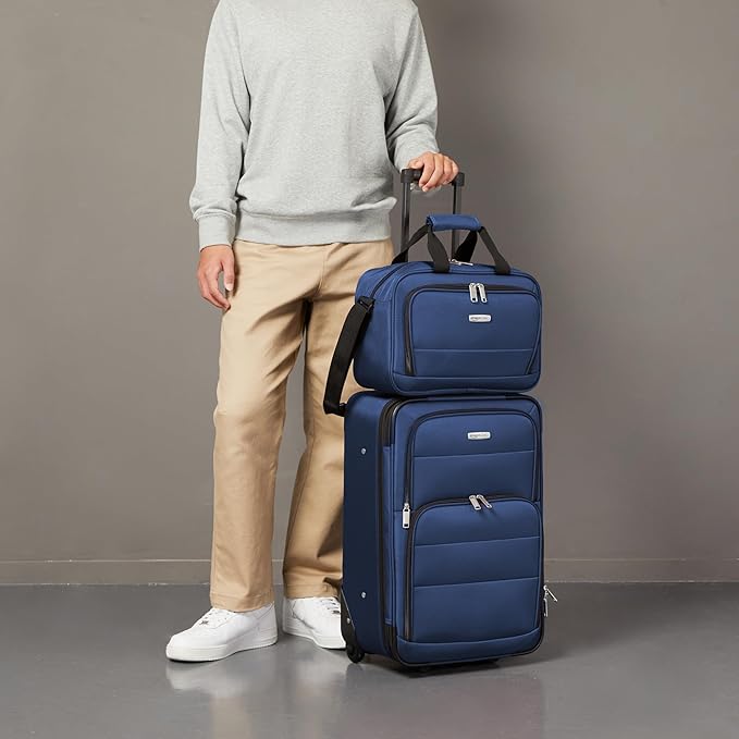 Amazon Basics Softside Luggage Set, 23-Inch Expandable Suitcase with Wheels and 15-Inch Tote, Extra Space (+15%), Front Pockets, Telescopic Handle, Navy Blue