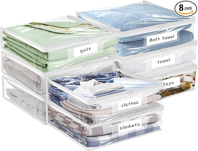 Kikerike Plastic Storage Bags with Easy-Glide Zipper, Pack of 8, Durable Clear Vinyl Zippered Storage Bags for Clothes Sweaters Comforters Blankets Sheets Bedding (14.2 x 12 x 3.2 Inch)