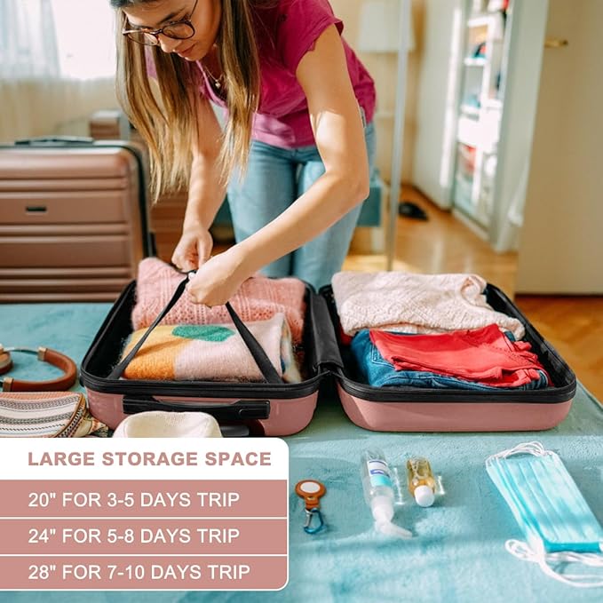 Kono 24 Inch Luggage Suitcase with Spinner Wheels TSA Lock Lightweight PC+ABS Hardside Medium Checked Luggage Durable Rolling Suitcase Nude/Rose Pink