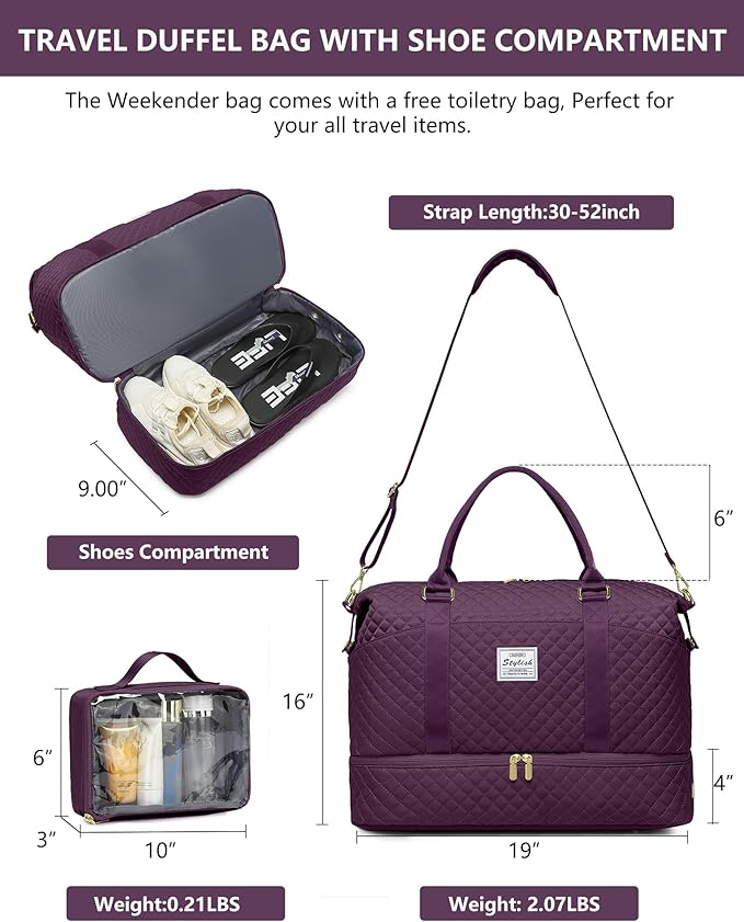 Women Weekender Travel Duffle Bag: Travel Duffel Overnight Bags with Shoe Compartment Carry on Tote Bag Toiletry Bag Weekend Yoga Gym Hospital Bags for Labor and Delivery with Wet Pocket Dark Purple