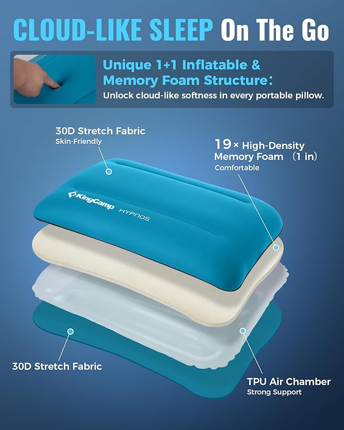 KingCamp Inflatable Pillow for Camping, Large(19.7" x 11.8") Camping Pillow, Ultra-Soft Camp Pillow with Washable Foam Cover for Home-Like Comfort, Hiking, Car, Beach, Travel