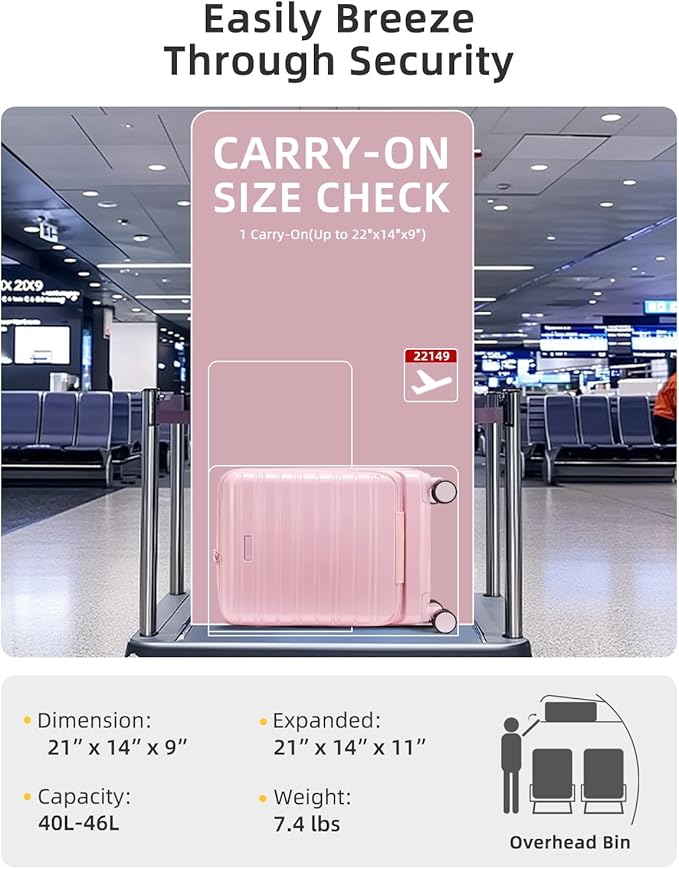 LARVENDER Carry On Luggage 22x14x9 Airline Approved, 20 Inch Expandable PC+ABS Hardside Carry On Luggage with Front Pocket Spinner Wheels TSA Lock for Women Men (Pink)