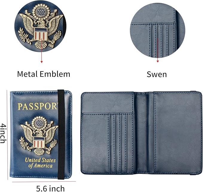 Passport Holder and Card Slot Combo RFID Blocking Leather Travel Passport Wallet for Men and Women US Passport Cover, Blue