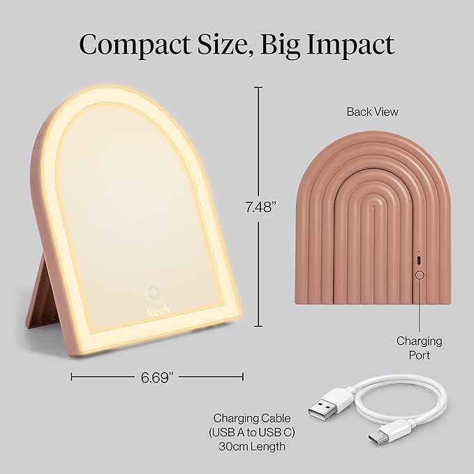 Kitsch Arch Desk Vanity Mirror with Lights, LED Makeup Surface, Touch Sensor Dimmable Warm Neutral Cool Glow, Rechargeable Desk Mirror with Kickstand for Travel - Terracotta