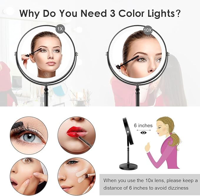 DEIOVWXS Makeup Mirror, 3000mAh Rechargeable Double-Sided Magnifying Vanity Mirror with 3 Colors, 1X/10X, 360° Rotation, Adjustable Brightness, Gifts for Mom, Women,Wife, Girls, Dorm Room Essential
