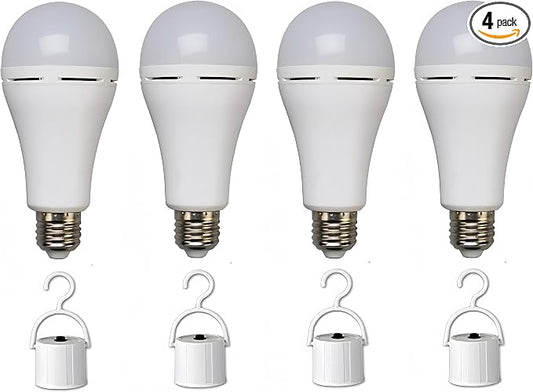 Emergency LED Light Bulb 5W 6500K Daylight, Portable & Rechargeable with Battery Backup, Ideal for Power Outages, Hurricanes, Home, and Camping, 40W Equivalent with Hook Switch,4-Pack