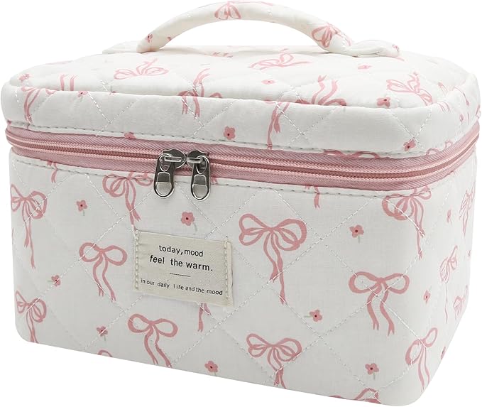 Large Makeup Bag, Cute Cosmetic Bag for Women Girls, Floral Coquette Aesthetic Toiletry Bag, Travel Make Up Organizer Bag (Pink Small Butterfly)