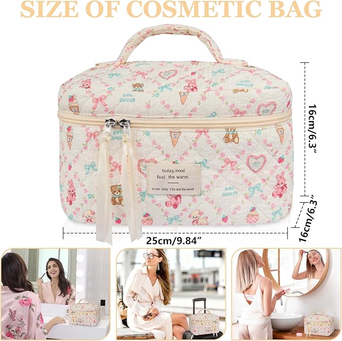 Large Makeup Bag, Cute Cosmetic Bag for Women Girls, Floral Coquette Aesthetic Toiletry Bag, Travel Make Up Organizer Bag(Love Bear