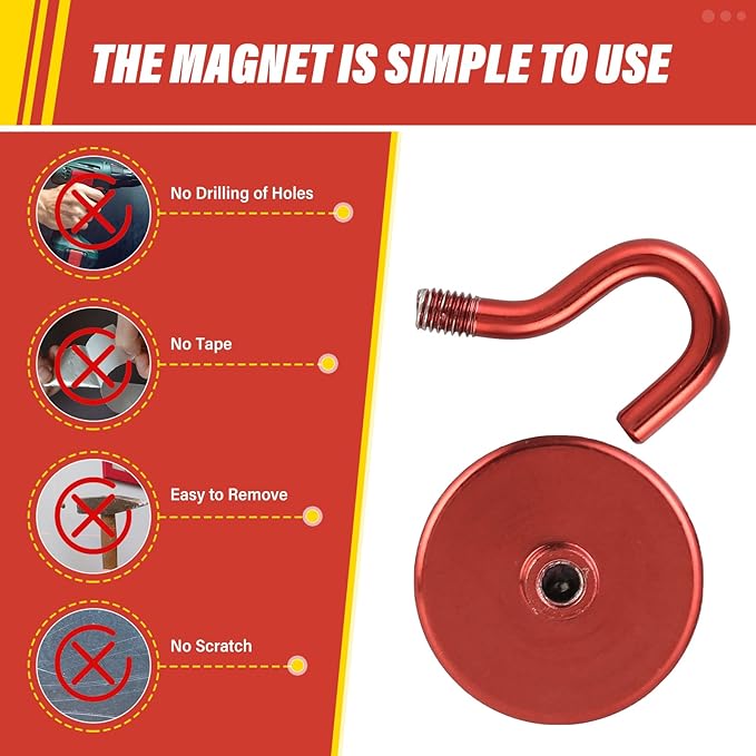 Neosmuk Magnetic Hooks Heavy Duty,Strong Magnet with Hook for Fridge, Super Neodymium Extra Strength Industrial Hooks for Hanging, Magnetic Hanger for Toolbox, Cruise, Grill(Red,6 Pack)