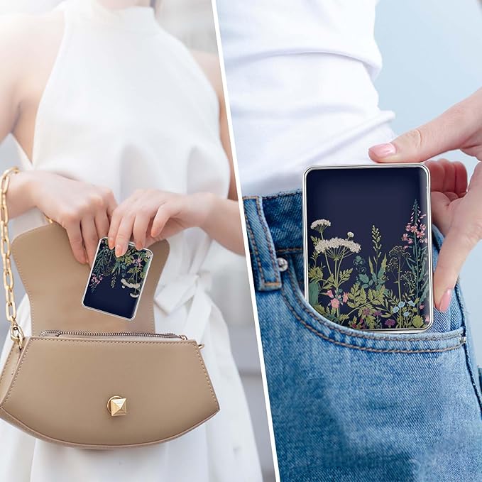 Pocket Mirror, Small Travel Mirror with Magnification, Portable Double-Sided Magnifying Cosmetic Mirror for Daily (Black Flowers)