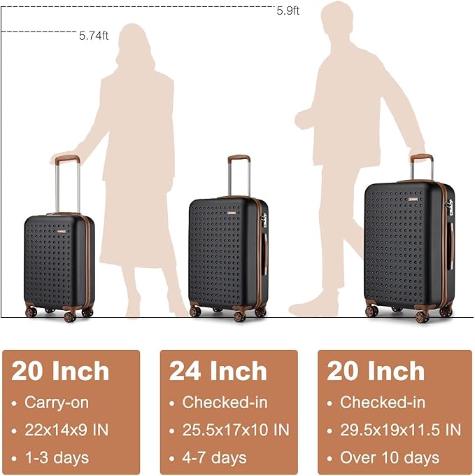 Kono 28 Inch Luggage Large checked Lightweight Hardside Suitcase with Spinner Wheels & Built-in TSA Lock, Black