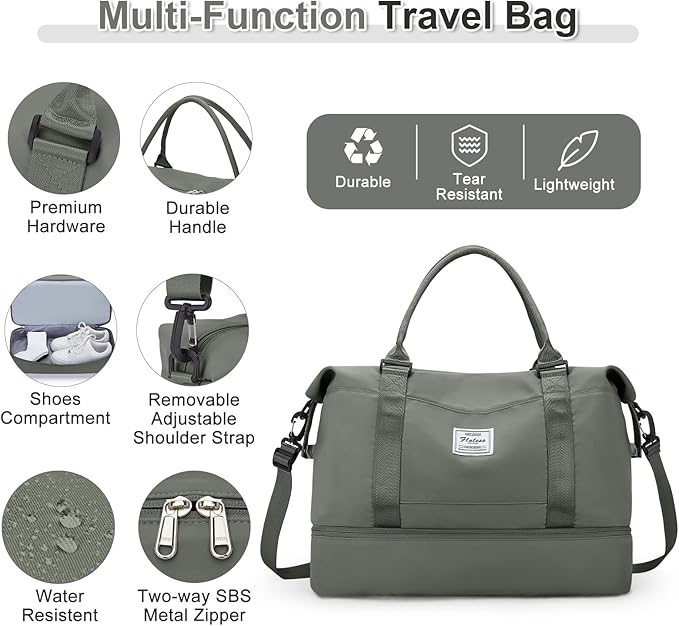 Weekender Bags for Women, Travel Duffel Bags with Shoe Compartment & Wet Pocket,Personal Item Travel Bag for Airlines,Carry on Overnight Tote Bag for women,3Pcs Set，Olive Green