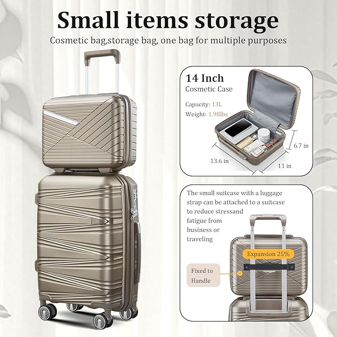 6 Piece Luggage Set PP Hardshell, Expandable Suitcase Set with Spinner Wheels (20/24/28), Includes 14" Cosmetic Case, Travel Duffel & Toiletry Bag, Lightweight TSA Lock Nested Set (Champagne)