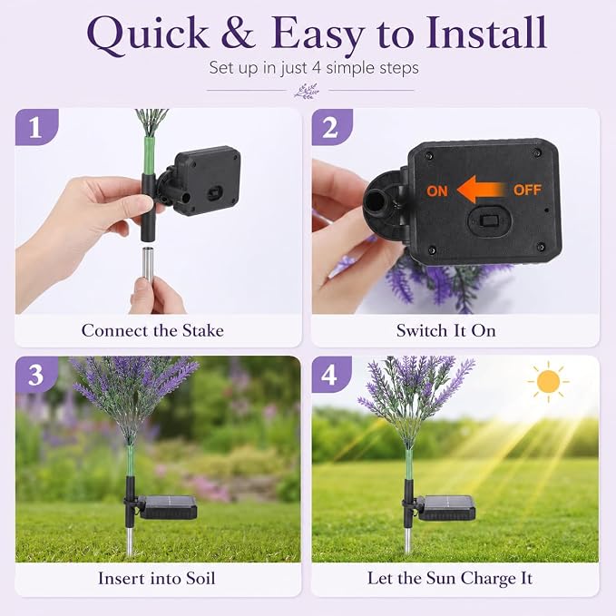 Lavender Solar Garden Lights, 6 Pack Outdoor LED Flowers | 6 purple lavender solar flowers with LEDs; auto on/off, IP65 waterproof stakes for pathway, yard, patio and Halloween decor