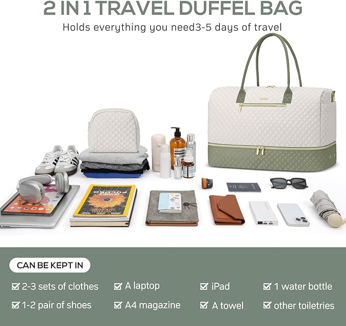 Travel Weekender Duffle Bags for Women - Duffel Bag with Shoe Compartment Carry On Overnight Bag with Toiletry Bag with Wet Pocket for Gym Hospital Bags for Labor and Delivery Beige Green