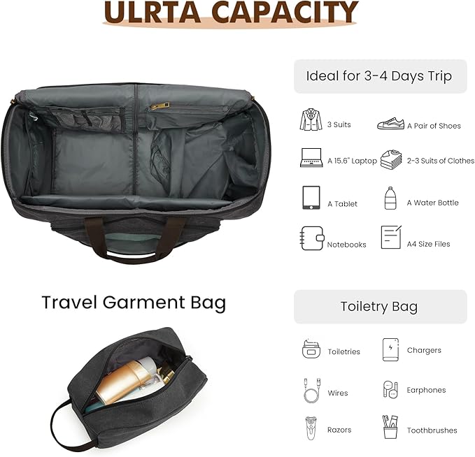 S-ZONE Carry On Garment Bag for Travel Convertible Duffle Bags for Men Women 2 in 1 Hanging Suitcase Business with Toiletry Bag