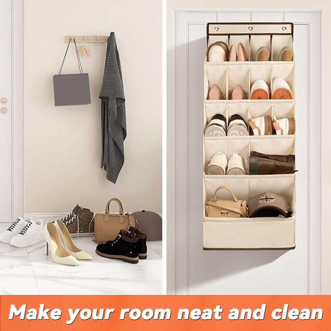 FENTEC 1 Pack Over the Door Shoe Organizers, Hanging Shoe Organizer with Large Deep Pocket Shoe Holder for Closet Shoes Rack for Wall, Over Door Shoe Storage Hold up to 18 Pairs Shoes, Beige