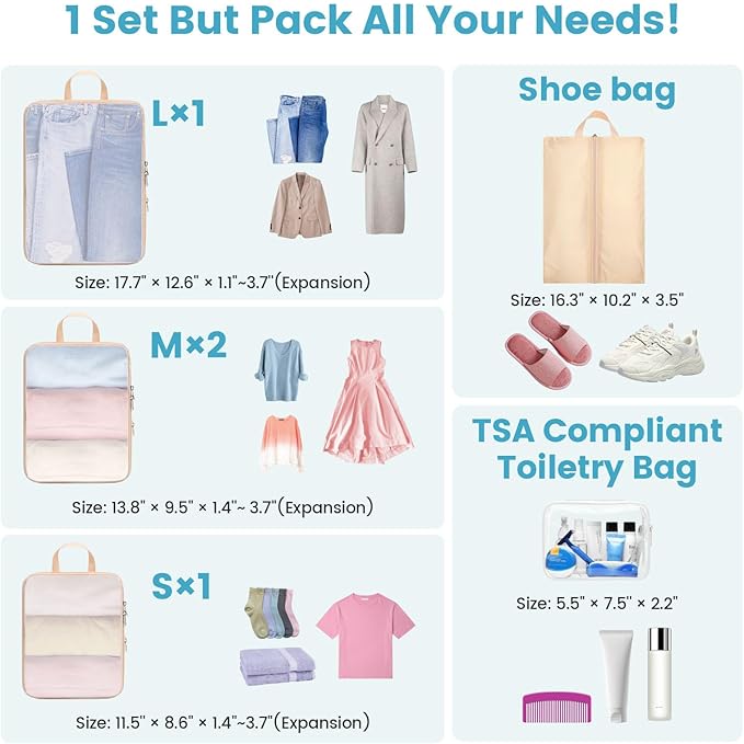 Cambond Mesh Compression Packing Cubes - 6 Piece Expandable See Through Packing Cubes for travel with Shoe and Makeup Bag, Travel Cubes for Packing Organizers Travel Accessories for Suitcases, Khaki