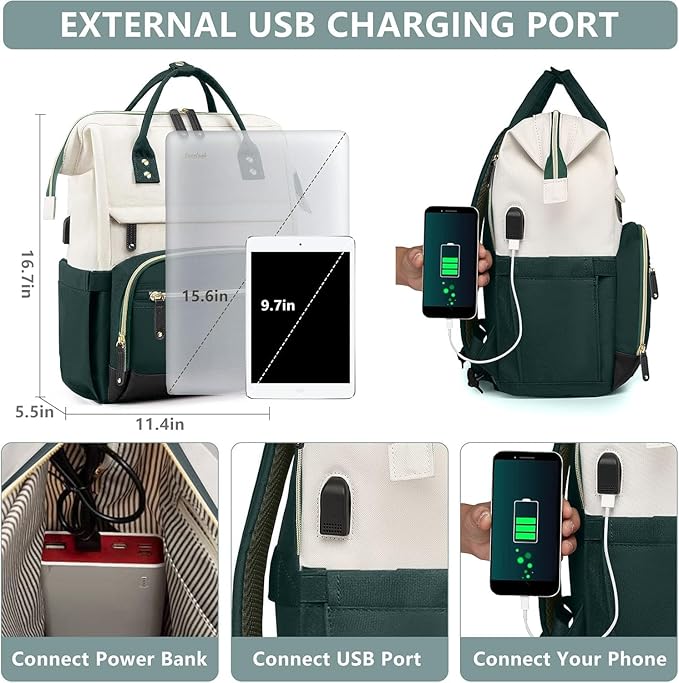 Laptop Backpack Women Work Bag: 15.6 inch Work Bookbag with USB Charging Port Large Travel Backpack Purse for College Nurse Casual Daypack for Teacher Professional Computer Backpack Beige Green