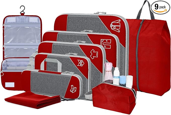 9-Set Packing Cubes with Hanging Bag | 9-Size Combination, Mesh Fabric & Reflective Stripe | Travel Luggage Organizers (Red)