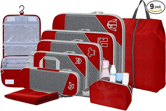 9-Set Packing Cubes with Hanging Bag | 9-Size Combination, Mesh Fabric & Reflective Stripe | Travel Luggage Organizers (Red)