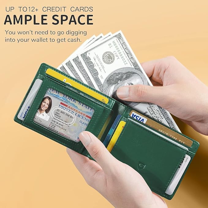 GSOIAX Slim Wallet for Men Rfid Blocking Leather Bifold Front Pocket Carbon Fiber Credit Card Holder Novelty Wallets With Gift Box (Green and Carbon Black)