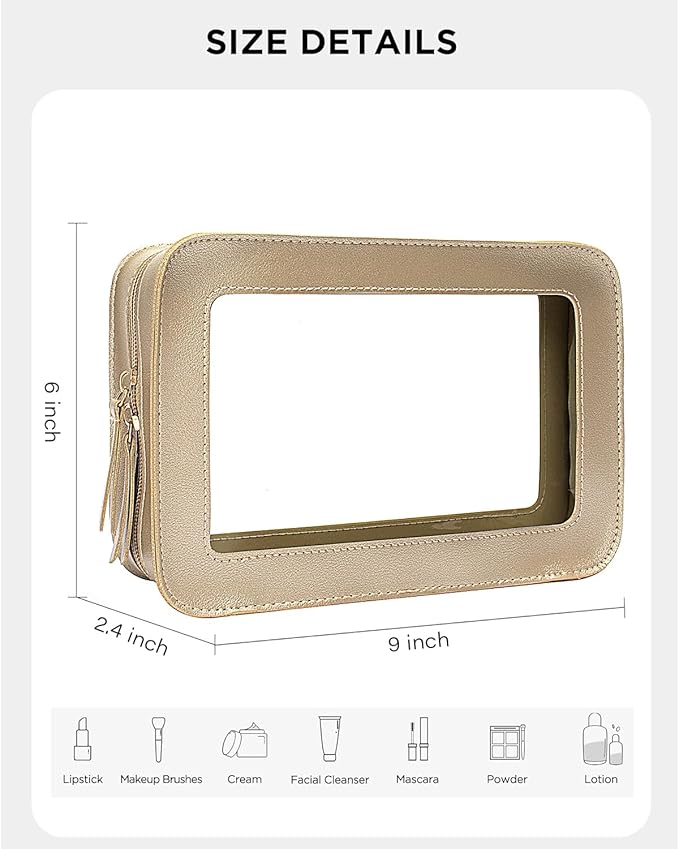 LETGO Clear Makeup Bags for Travel, TSA Approved Toiletry Bag with Zipper, Cosmetic Organizer Fit Carry-on, Car Accessories for Women Men (Clear-Golden)