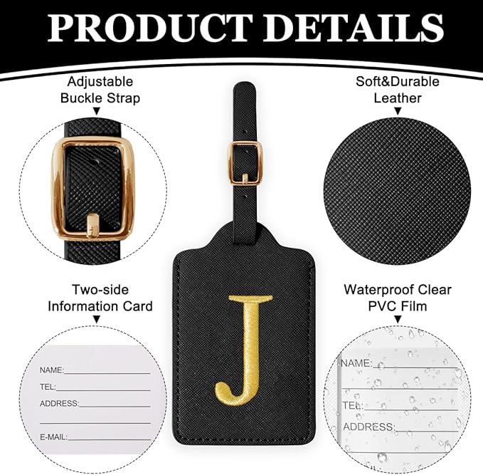 Personalized Initial Luggage Tags for Suitcases,Leather Letter Cute Luggage Tags with Privacy Name Card,Embroidered Monogrammed Travel Bag Backpack Tag Gifts for Women Kids Girls Teens(Black-J)
