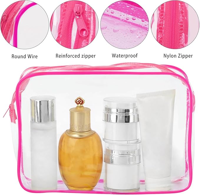Tbestmax 10 Pack Clear Cosmetic Bags Makeup Bags Portable Waterproof TSA Approved Travel Toiletry Bags Large Organizer Rose Red, 9.8" x 7.1" x 2.4"