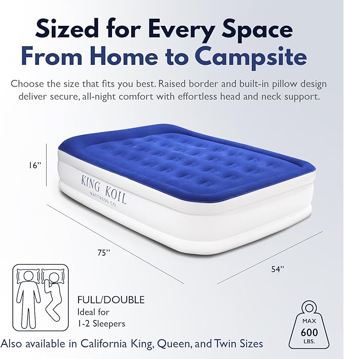 King Koil Full Size Premium Air Mattress with Built-in Pump for Home, Camping & Guests, Inflatable Airbed Double High Adjustable Blow Up Mattress, Durable - Portable and Waterproof