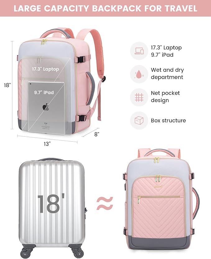 LOVEVOOK Large Travel Backpack for Women, TSA Carry on Backpack for Airplanes, 40L Personal Item Travel Bag for Women fits 17" Laptop,Waterproof Carry on Bag Airplane Approved with 3 Packing Cubes