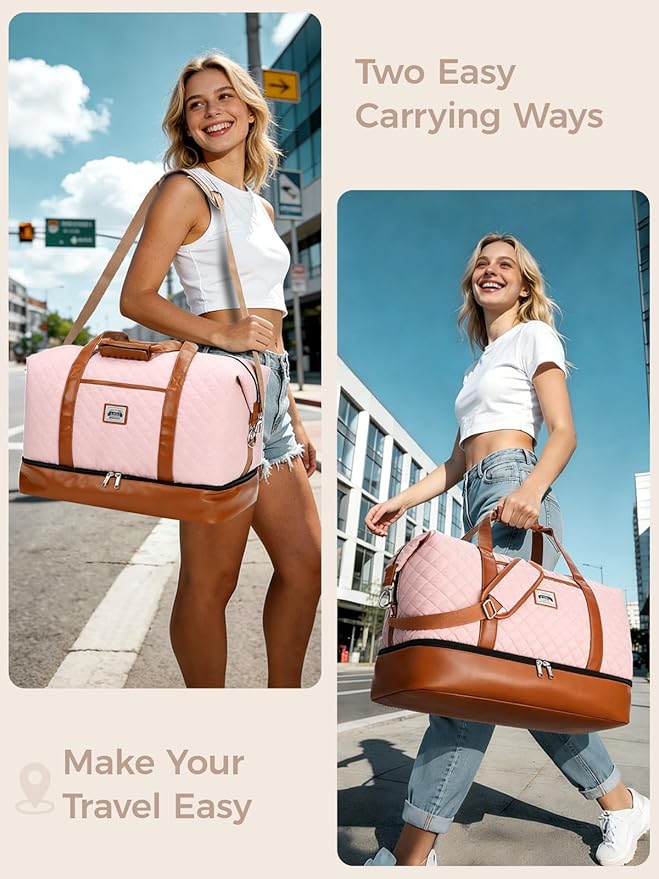 Weekender Bags for Women, Travel Duffle Bag Carry On Travel Bag Overnight Bag with Shoe Compartment Toiletry Bag, Large Weekend Tote Bag Gym Bag Hospital Bag for Labor and Delivery, 50L Quilted Pink