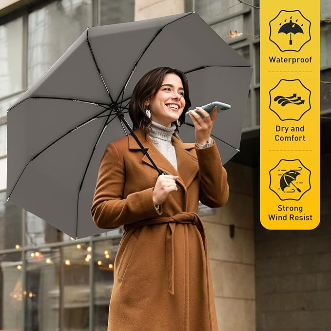 Windproof Travel Umbrella, Compact Umbrella, Car Umbrellas for Rain & Sun, 8 Fiberglass Ribs for Strong UV & Wind Resistance, Portable, Lightweight, Vent, Easy Automatic Open/Close