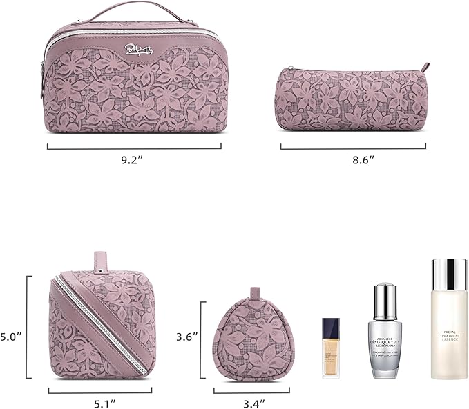 BOYATU Travel Makeup Bag Cosmetic Bags for Women: Large Capacity 3 Pcs Set Make up Bag with Compartments - Waterproof Vegan Leather Toiletry Organizer Bags with Handle (Z-64Purple)