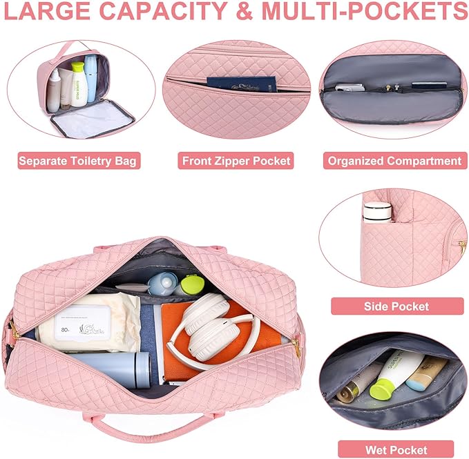 Travel Duffle Weekender Bags for Women - Weekend Bag Women with Shoe Compartment Carry On Overnight Bag with Toiletry Bag Duffel Bags Wet Pocket for Gym Hospital Bags for Labor and Delivery Pink