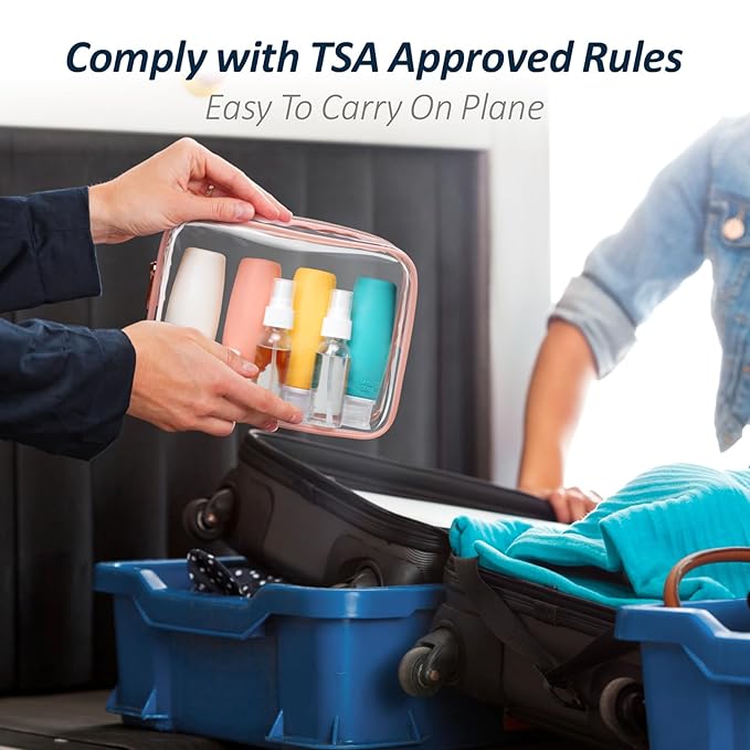 PACKISM 9 Pack TSA Approved Toiletry Bag with Bottles - Leakproof 3.4oz Silicone Travel Container Kit for Toiletries, Clear Quart Size Bag for Shampoo Conditioner Lotion (BPA Free)