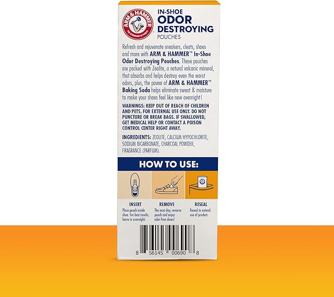 Arm & Hammer In-Shoe Odor Destroying Pouches, Shoe Deodorizer Insert for Reducing Odor and Absorbing Moisture, Smell Eliminator for All Footwear, Gym Bags and Work Boots (4 Pouches)