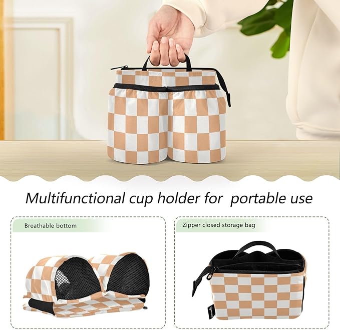 Luggage Cup Holder for Suitcases Free Hands Travel Cup Holder Portable Suitcase Cup Drink Holder Luggage Cup Caddy Bag Carrier Checkered Orange and White