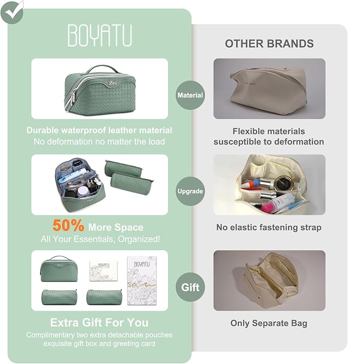 BOYATU Travel Makeup Bag Cosmetic Bags for Women: Large Capacity 3 Pcs Set Make up Bag with Compartments - Waterproof Vegan Leather Toiletry Organizer Bags with Handle (L10 Grass Green)