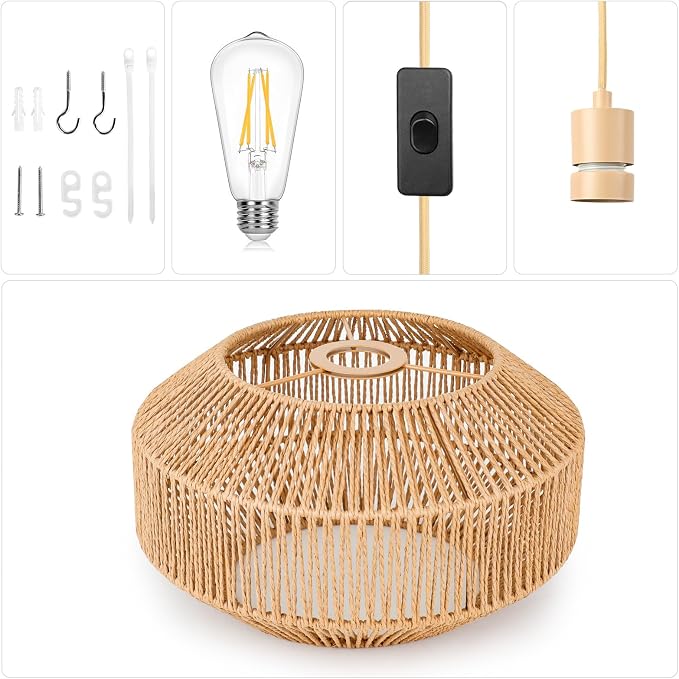 Qingmiao Boho Plug in Pendant Light, Handwoven Shade, 3 Way Bulb, 14ft Cord | Rattan Hanging Lamp Plug in, Dimmable Hanging Light Fixture for Living Room Bedroom Kitchen Ceiling Farmhouse Home Decor