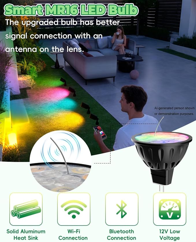 Smart MR16 Bulb, 12V WiFi MR16 LED Bulb RGBW Color Changing 2pcs | MR16 Landscape Light Bulbs, Dimmable & Multicolor, RGBCW CCT Tunable 2700K-6500K, GU5.3 Bi-pin Base, Memory Function