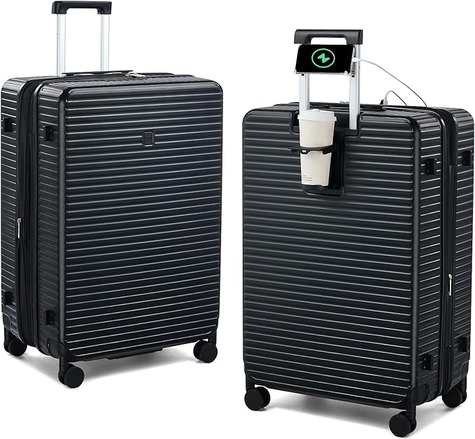 HanTrip 28 Inch Luggage Hard Shell Suitcases, Expandable Travel Checked Luggage 28 Inch, Large Check In Luggage with Spinner Wheels Cup Holder Charger Built in Lightweight Suitcase, Black