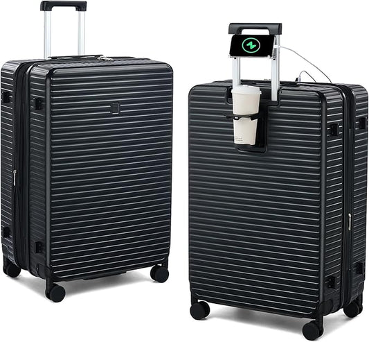 HanTrip 28 Inch Luggage Hard Shell Suitcases, Expandable Travel Checked Luggage 28 Inch, Large Check In Luggage with Spinner Wheels Cup Holder Charger Built in Lightweight Suitcase, Black