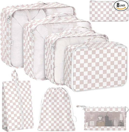 KPX 8 Set Packing Cubes for Travel, Luggage Packing Organizers Accessories Large Toiletries Bag for Clothes Shoes Cosmetics (8Set-Nude Pink Plaid)