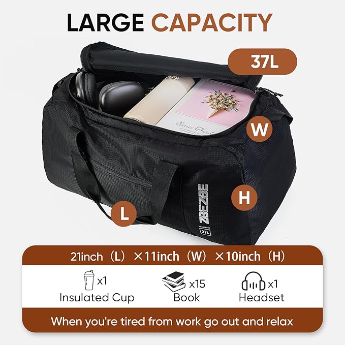 Foldable Travel Duffel Bag, Lightweight & Easy to Carry Water-Repellent Duffle Bag - 2-Way Zipper & Interior Pouch, Ideal for Weekend Trips, Daily Use,Camping，Sports